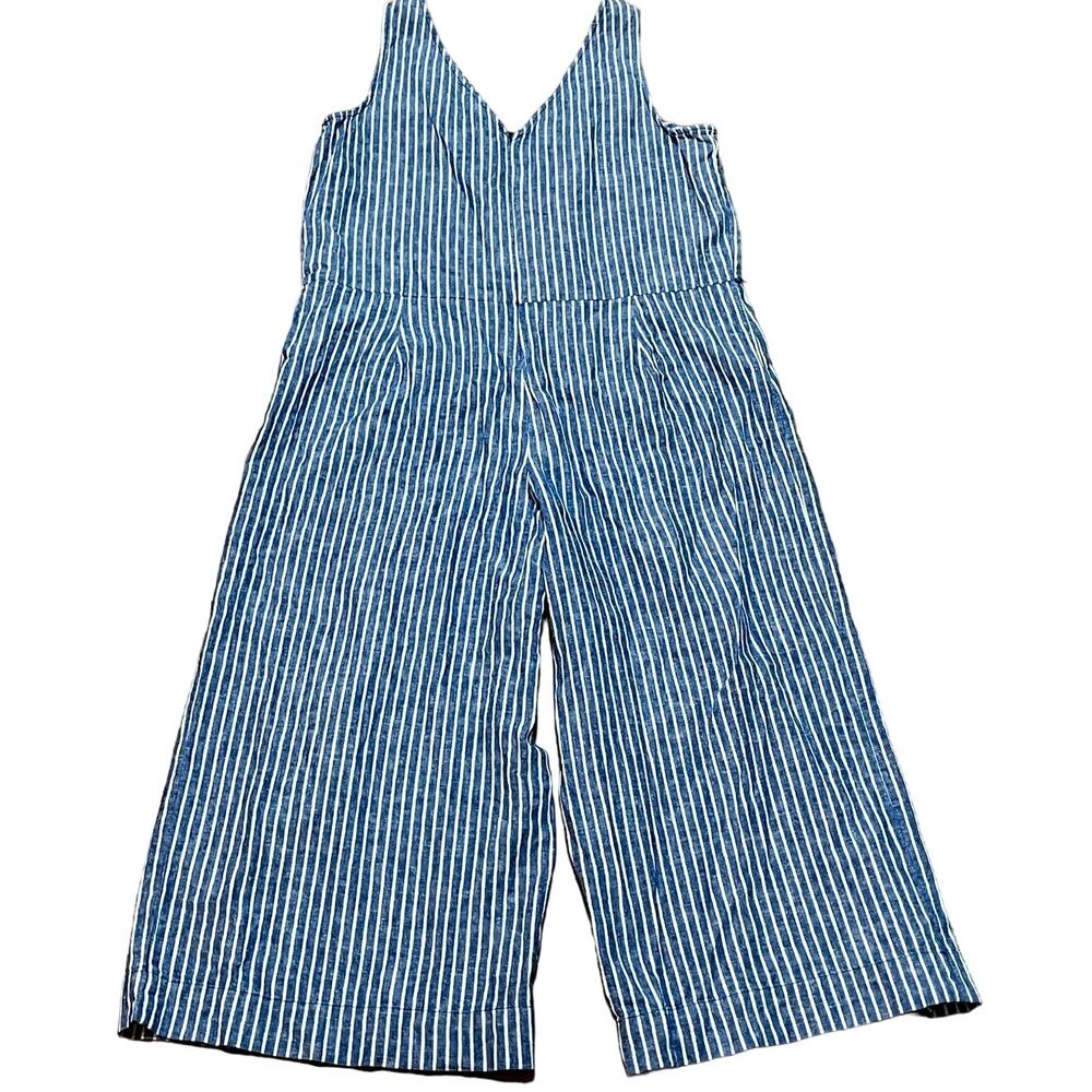 BeachLunchLounge Jumpsuit Womens Large Blue Stripe Lennon Tie Waist Linen Cotton